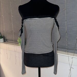 Striped Off-Shoulder Long Sleeve Top - Black & White